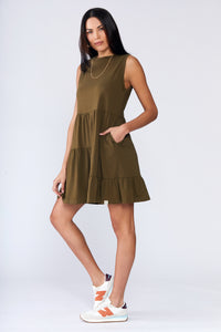 Organic Cotton Olive Green Tiered sleeveless dress